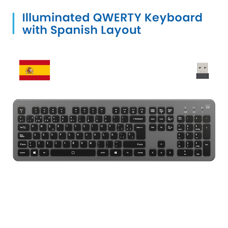 EW3296 | Multi-connection Wireless Keyboard with Backlight, ES Layout | Ewent | distributori informatica